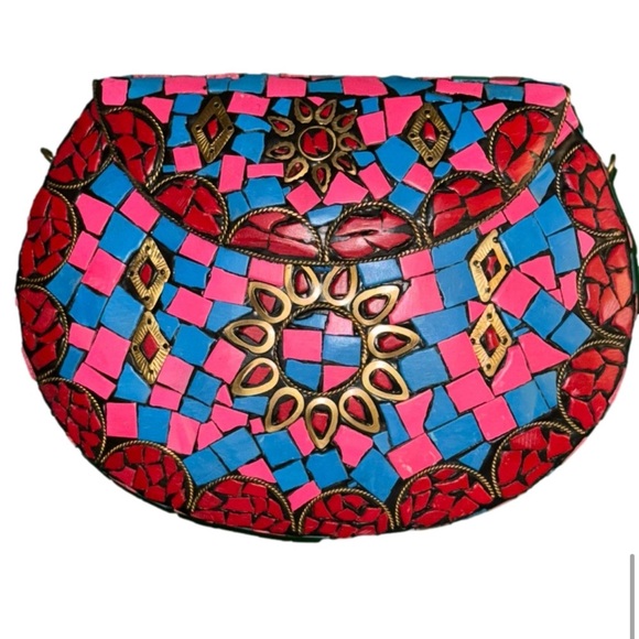 Moroccan RAMLA Mosaic Clutch Coachella Bollywood Pink Blue Red Festival Boho - Picture 3 of 14